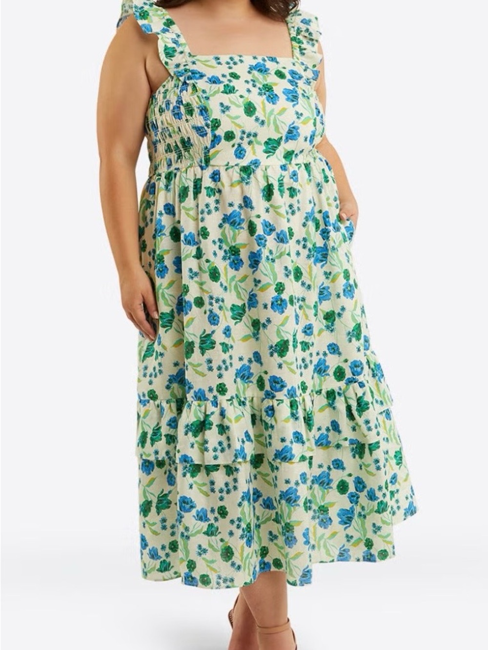 Draper James "Carrie" Floral Smocked Midi Dress Blue Green Size 3X 100% Linen